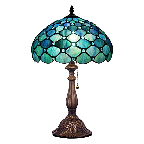 Tiffany Table Lamp Stained Glass Lamp 12X12X19 Inch Antique Reading Light (Sea Blue Pear)