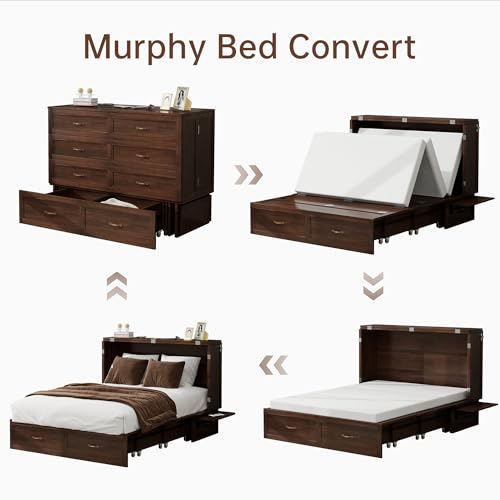 Murphy Bed Cabinet Full, Solid Wood Murphy Bed with 2 USB & 2 Charging Ports, Large Storage Drawer for Home Office or Small Space