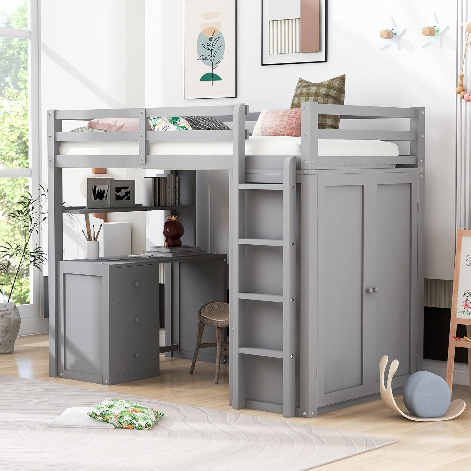 Gray Twin Loft Bed with Desk, 3 Drawers, and Wardrobe - Multi-Functional Wooden Twin Loft Bed Frame for Kids, Teens
