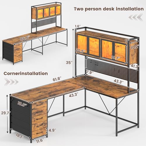 SEDETA L Shaped Gaming Desk with Drawers, L Shaped Computer Desk with Hutch and Storage Shelves, Gaming Desk with Pegboard, Led Lights