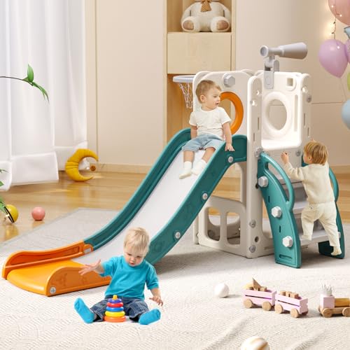 6 in 1 Toddler Playset with Slide, Kids Slide with Basketball Hoop, Ball, Ring Toss, Indoor Outdoor Toys (White Grey)