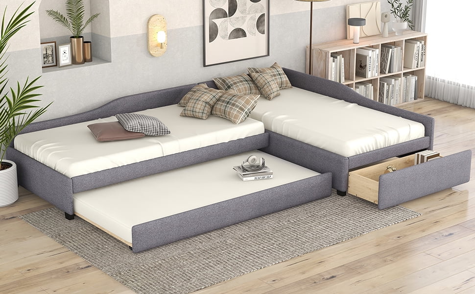 CoSoTower Upholstered Double Twin Size Daybed with Trundle and Drawer, Gray