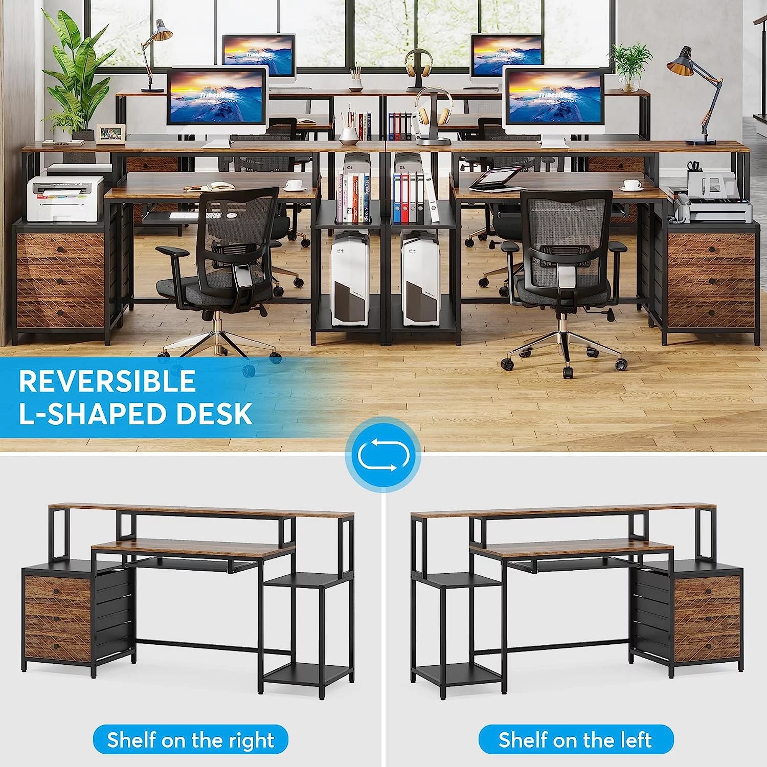 Tribesigns Computer Desk with 3 Drawers, Industrial 63 inches Home Office Desk with Monitor Shelf, Vintage Brown