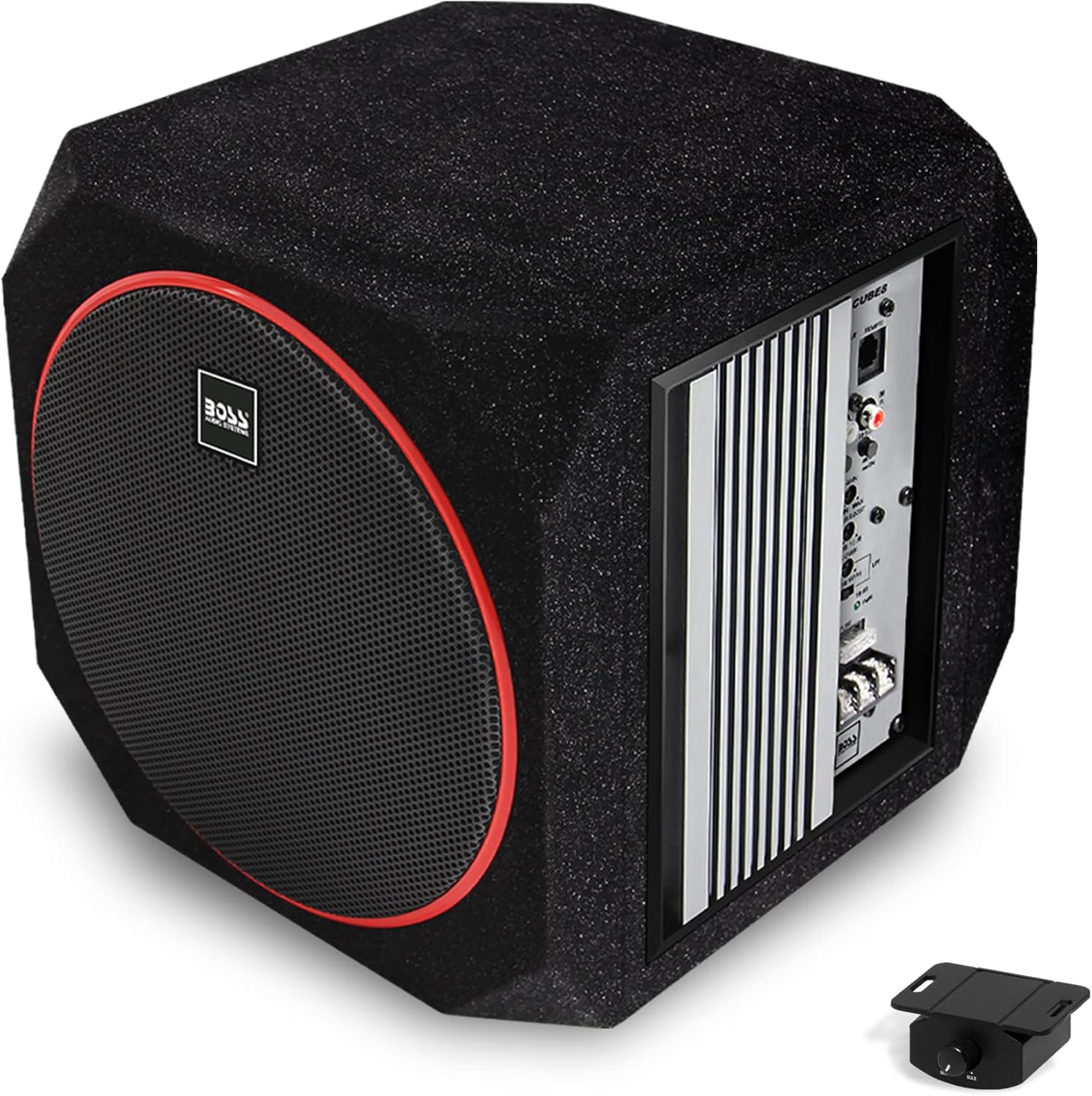 BOSS Audio Systems CUBE10 Car Subwoofer and Amp Package – Built-in Amplifier, 10 Inch Subwoofer with Passive Radiator, Remote Subwoofer Control
