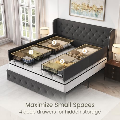 King Size Bed Frame with 4 Storage Drawers and Tufted Headboard Linen Upholstered Platform Bed Frame Wingback Beds with Wooden Slats Support