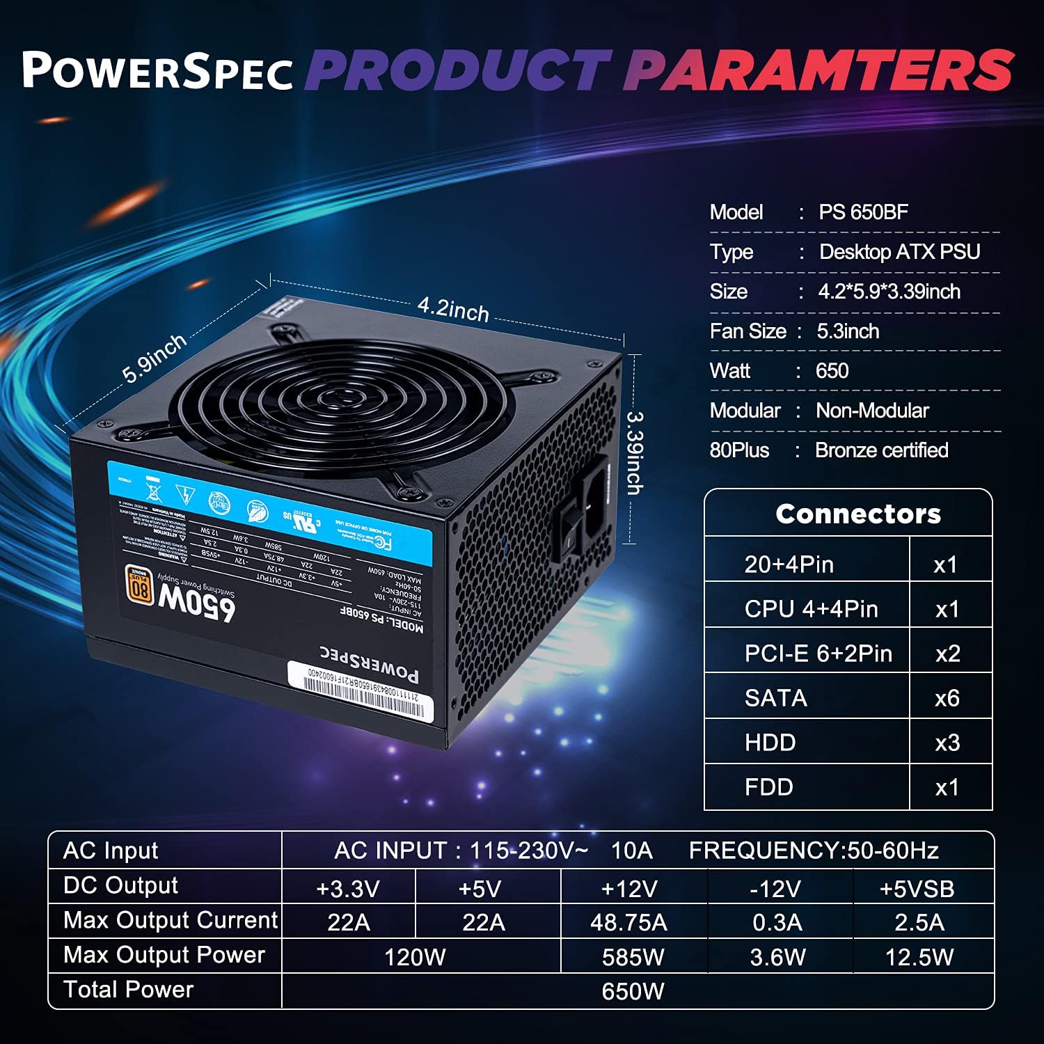 PowerSpec 650W Power Supply 80 Plus Bronze Certified Fixed Cable Non-Modular ATX PSU Active PFC SLI Crossfire Ready Gaming PC Computer Switching