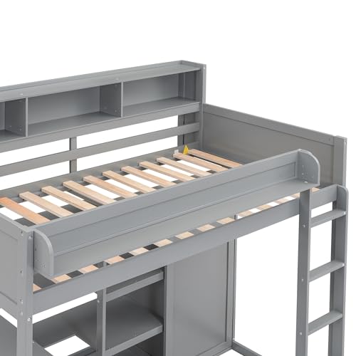 Harper & Bright Designs Twin Size Loft Bed with Wardrobe, Desk and Multiple Storage Shelves, Solid Wood Loft Bed Frame with Bookshelf