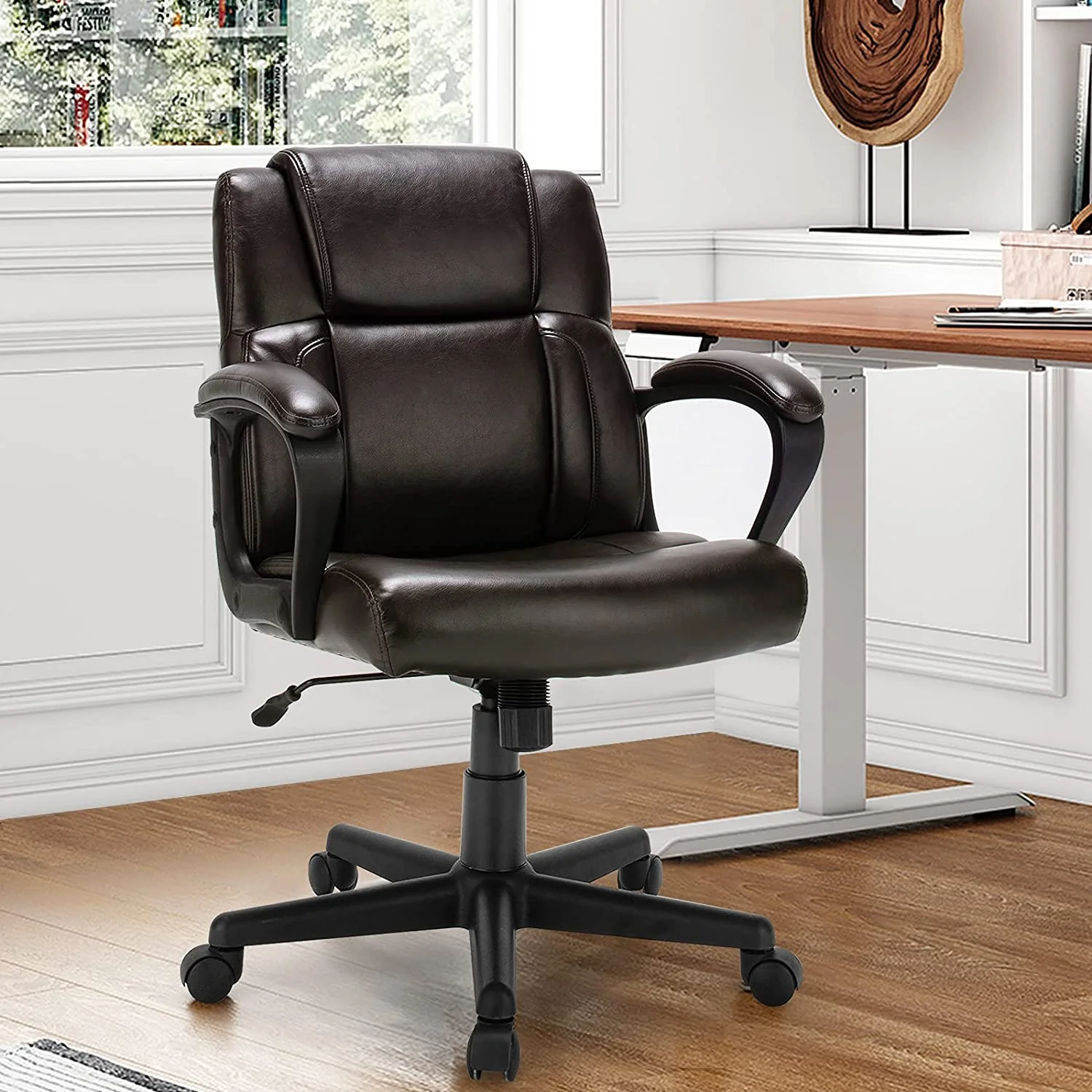 HJZBNONE Office Chair  Leather Modern Executive Chair  Ergonomic Mid Back Computer Desk Chair w/Padded Armrests  Height Adjustable Swivel Task Chair