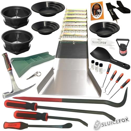 Complete Gold Mining Kit; Folding 50 inch Gold Sluice Box; Gold Prospecting Equipment; Rock Pick Hammer; Gold Classifiers; Pay Dirt Scoop