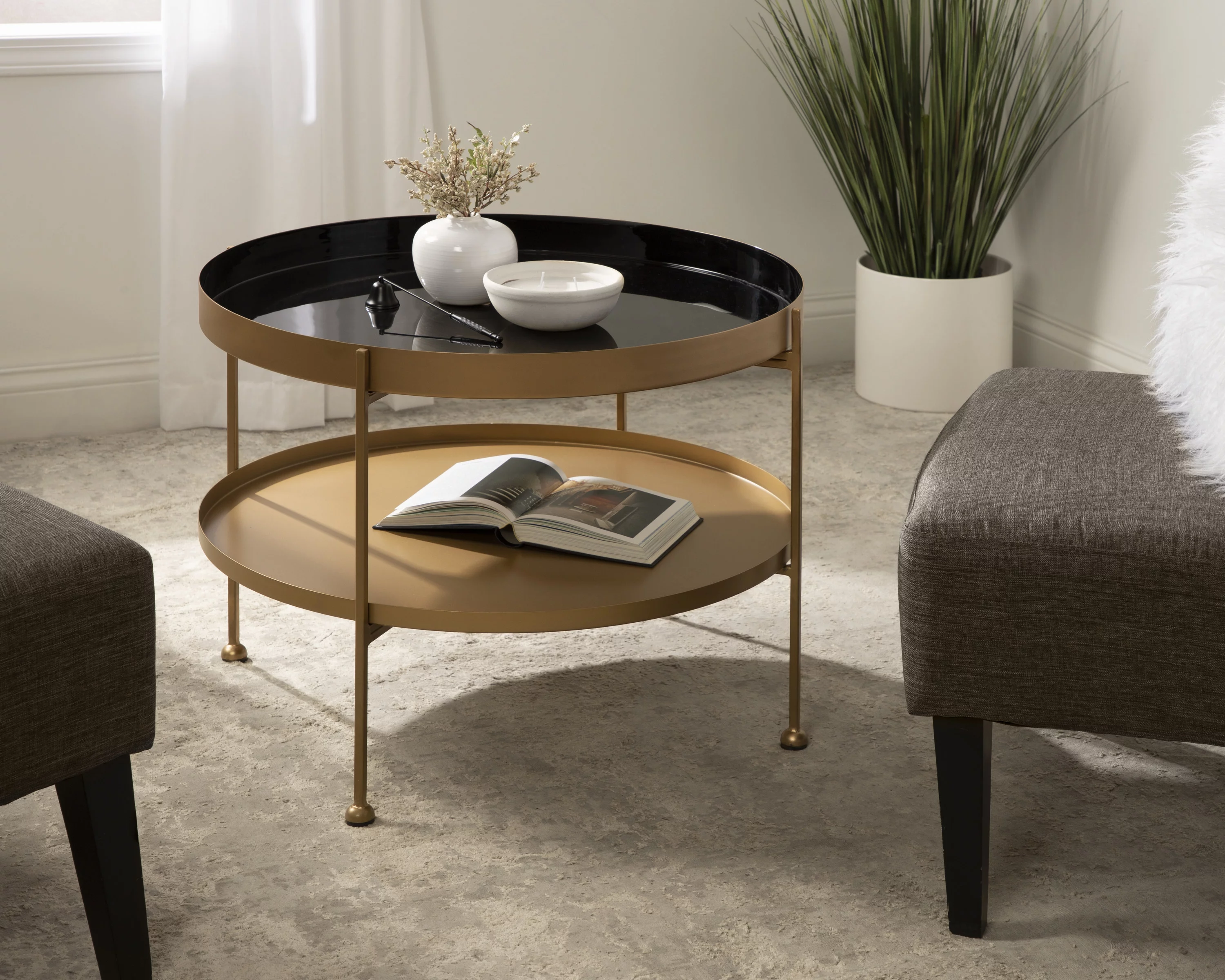 Kate and Laurel Nira Modern Round Tiered Coffee Table, 26 Inch Diameter, Black and Gold, Metal Table