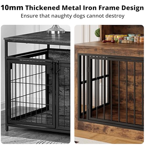 IRONCK Extra Large Dog Crate Furniture, 43.3 inches Wooden Dog Crate with Storage and 4 Hooks, Heavy Duty Pet Crate for Large Dog