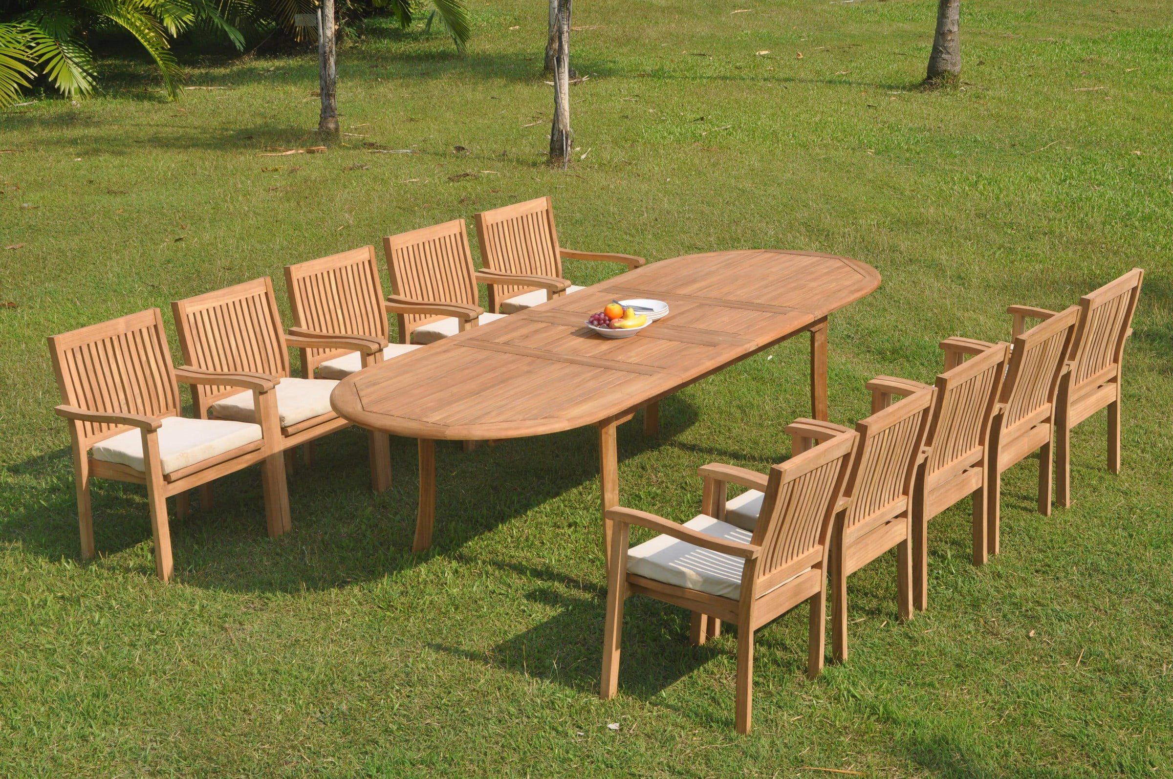 Grade-A Teak Dining Set: 10 Seater 11 Pc: 118" Double Extension Oval Table And 10 Leveb Stacking Arm Chairs Outdoor Patio WholesaleTeak #WMDSWVm