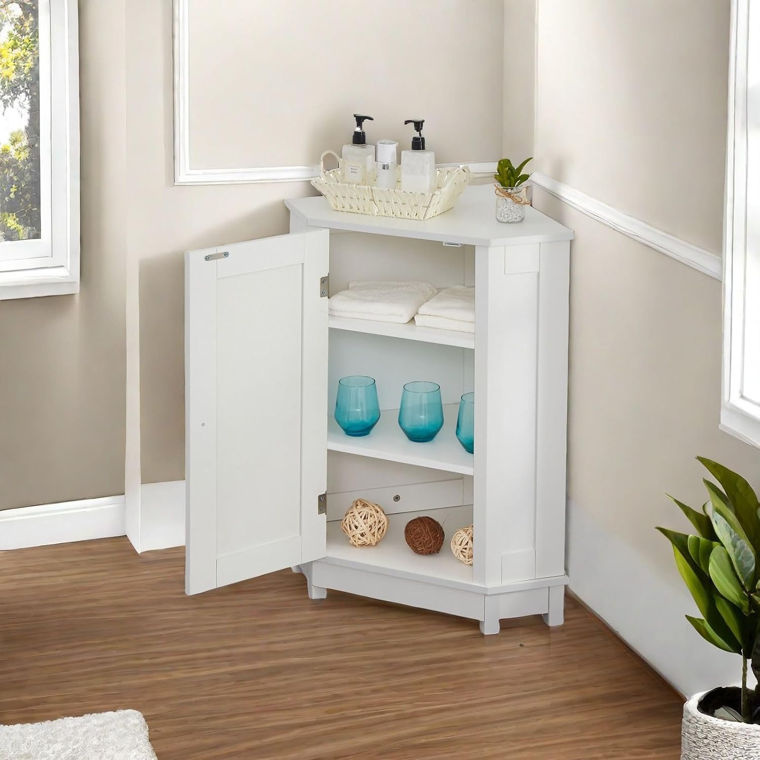 Stylish White Corner Cabinet with Adjustable Shelves, Space-Saving Design, Ideal for Bathroom, Living Room or Dining Room