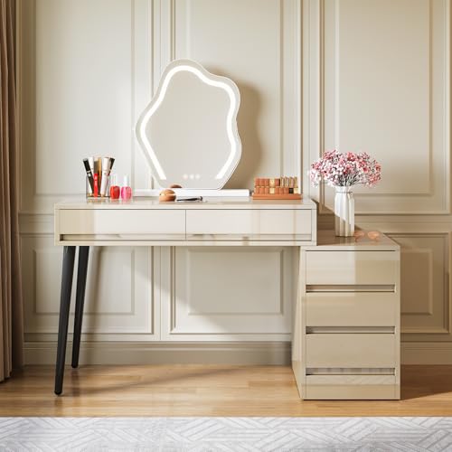 Tribesigns Gloss Desk with 5 Drawers, Modern Home Office Desk with Storage Drawers and Printer Stand