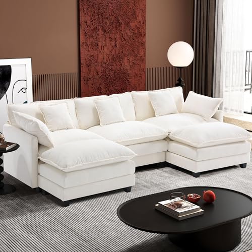 Ihanherry 111.4" U Shaped Modern Cloud Sofa Modular Sectional Couch with 2 Ottoman, 5-Seat Chenille Deep Seat Sofa with Pillow for Living Room