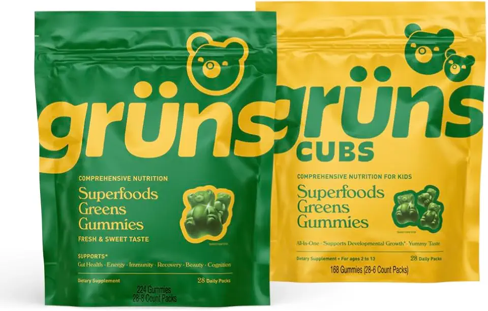 Gruns Adult + Kids Superfood Green Bundle, Nutritional Supplement 2-Pack (28 Day Supply) multivitamin Gummy + prebiotics + Greens Powders