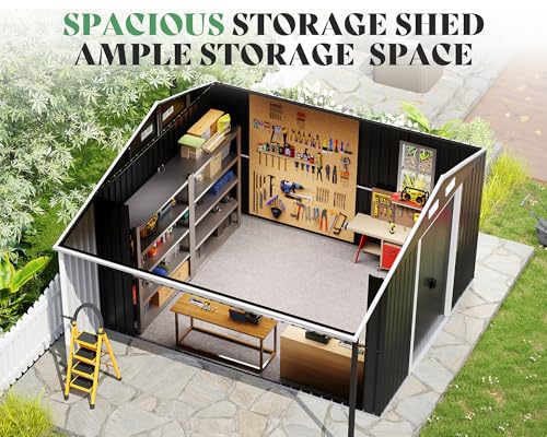 Jocisland 10.6x10.3x6.3 FT Outdoor Storage Shed with Sliding Doors & Two 4-Pane Windows, Open Outdoor Shed for Wood Storage, Dark Grey/White