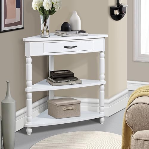Knocbel Corner Table for Small Spaces, Triangle Side Table TV Stand with Small Drawer and Storage Shelves, Easy Assembly (Milk White)