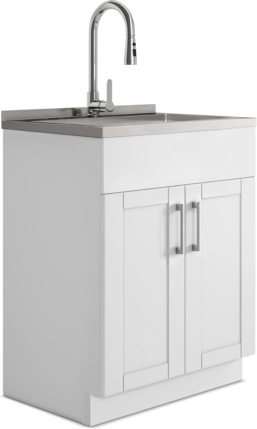 SIMPLIHOME Modern Wide Shaker Transitional 28 Inch Laundry Cabinet with Faucet and Stainless Steel Sink in White