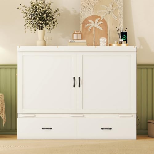 Ball & Cast Queen Size Solid Pine Murphy Bed Chest,Cabinet Hideaway Bed with Charging Station and Large Storage Drawer,Wood Wall Bed can be Folded
