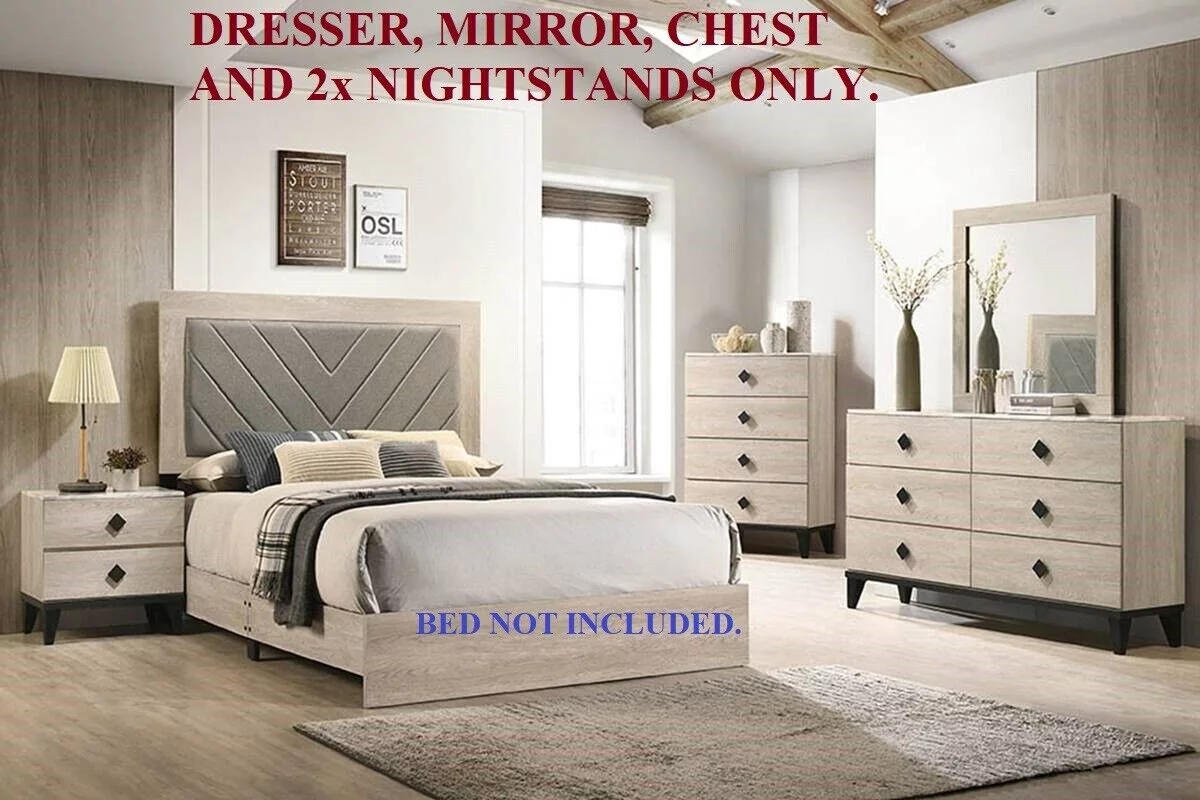 Transitional Cream Color Dresser Mirror 2x Nightstands Chest 5pc Bedroom Set Unique Handle pulls Rubberwood Veneer Furniture