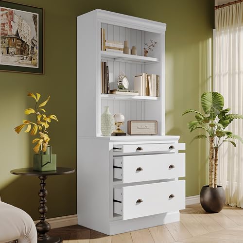 Modern 83.4" Tall 2 Bookshelf & 1 Writting Desk Suite,Bookcase Suite with LED Lighting, Drawers,Study Desk and Open Shelves