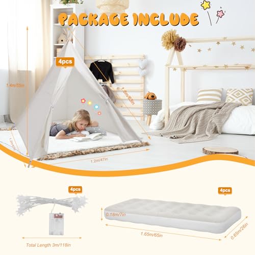 6 Pack Teepee Tent for Kids [Thickened] with Light String and Inflatable Airbed, Slumber Party Tents