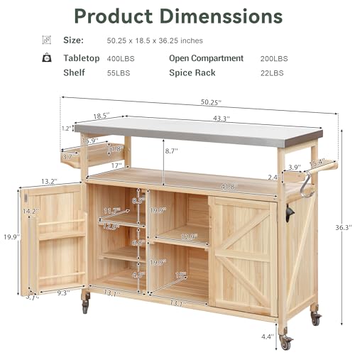 Farmhouse Kitchen Island with Power Outlet, Drop Leaf, Spice Rack and Drawer,Rolling Kitchen Cart on Wheels