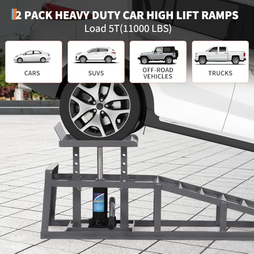 2PCS Hydraulic Car and Truck Service Ramps,11023 Lbs (5 Tons) Capacity, Portable Lifts Ramps for Oil Changes, Adjustable Lift Height 9.8" to 16.21"