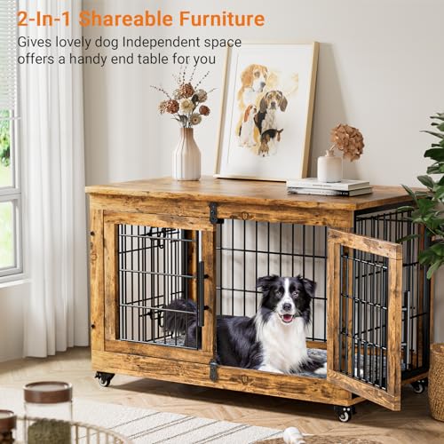 Lulive Dog Crate Furniture for Medium Dogs, 32'' Dog Kennel Indoor with Cushion & Wheels Wooden Dog Cage Double Doors Dog Crate End Table, Grey