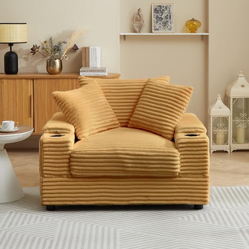 Oversized Corduroy Upholstered Chaise Longue Indoor,Comfy Thicked Padded Lounge Chair with Movable Ottoman,Soild Wood Sleeper Reclining Chair