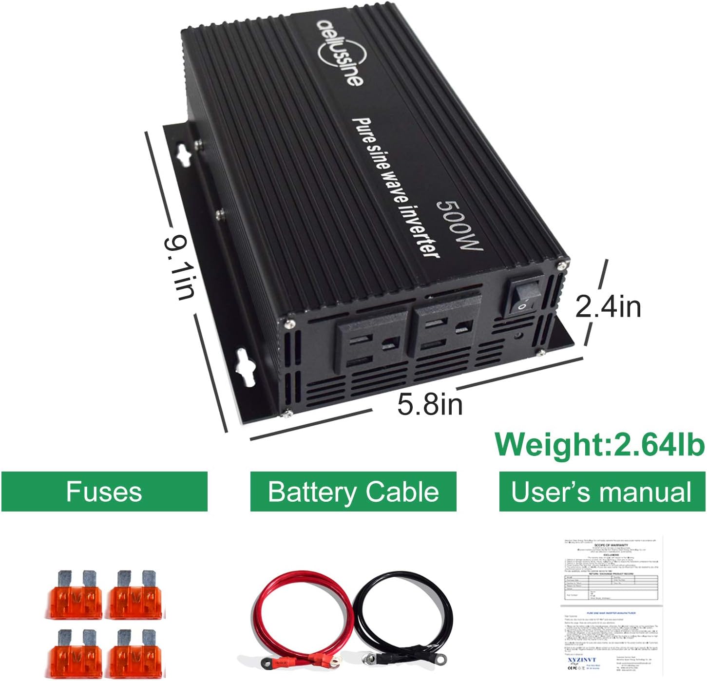aeliussine 1000w Inverter Pure Sine Wave Power Inverter 12v dc to ac 110v 120v with 2 US Socket, LCD Display and Earth Terminal, for Car RV, Truck