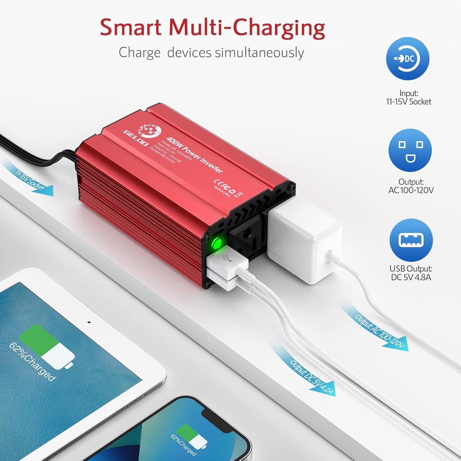 400W Car Power Inverter DC 12V to AC 110V Car Charger with 4.8A Dual USB Car Outlet Adapter