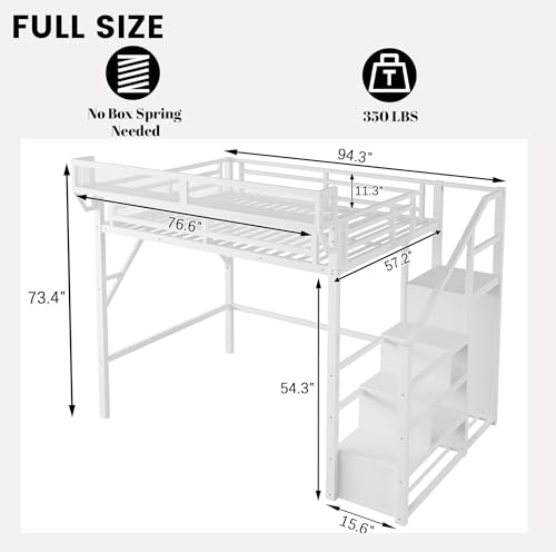 Full Size Loft Bed with Desk and Stairs, Heavy-Duty Steel Loft Bed Frame with Wardrobe & LED Light