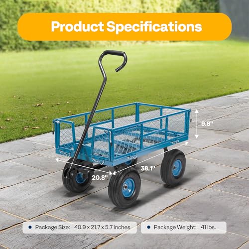 VIVOHOME Heavy Duty 880 Lbs Capacity Mesh Steel Garden Cart Folding Utility Wagon with Removable Sides and 4.10/3.50-4" Wheels 10 inch Tire (Black)