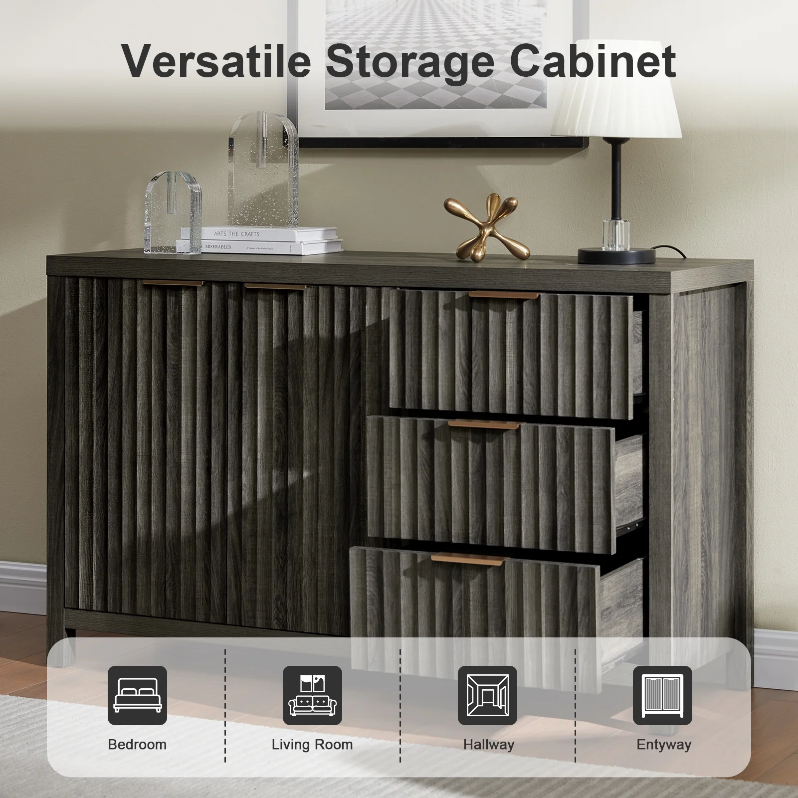 OAKHAM Buffet Sideboard Storage Cabinet with Drawer and Doors, Fluted Sideboard Modern Credenza with Adjustable Shelves