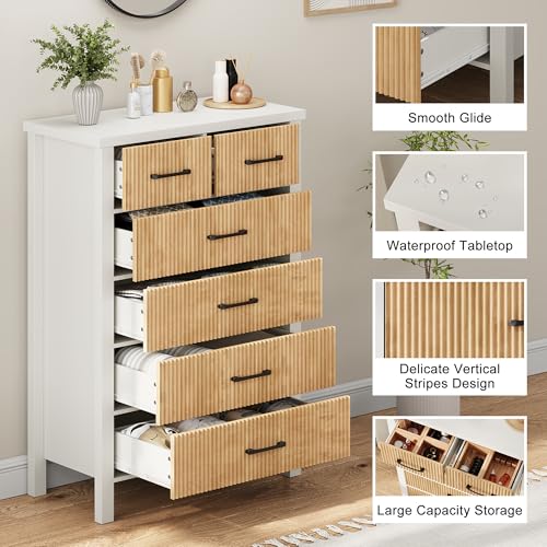 Fluted 6 Drawers Dresser for Bedroom, Tall Boho Chest of Drawers with Metal Handle, Wooden Closet Clothes Storage Organizer for Living Room