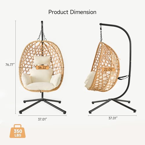Egg Chair with Stand, Wicker Rattan Swing Hammock Chair with Fine Lace & Cushion, Hanging Chair with Double Chains