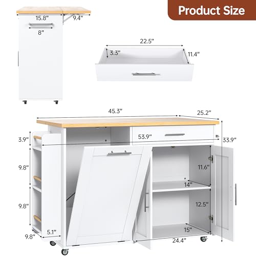 Kitchen Island with Storage, 31.5" D Rolling Kitchen Island Cart on Wheels with Widen Drop Leaf Rubberwood Top
