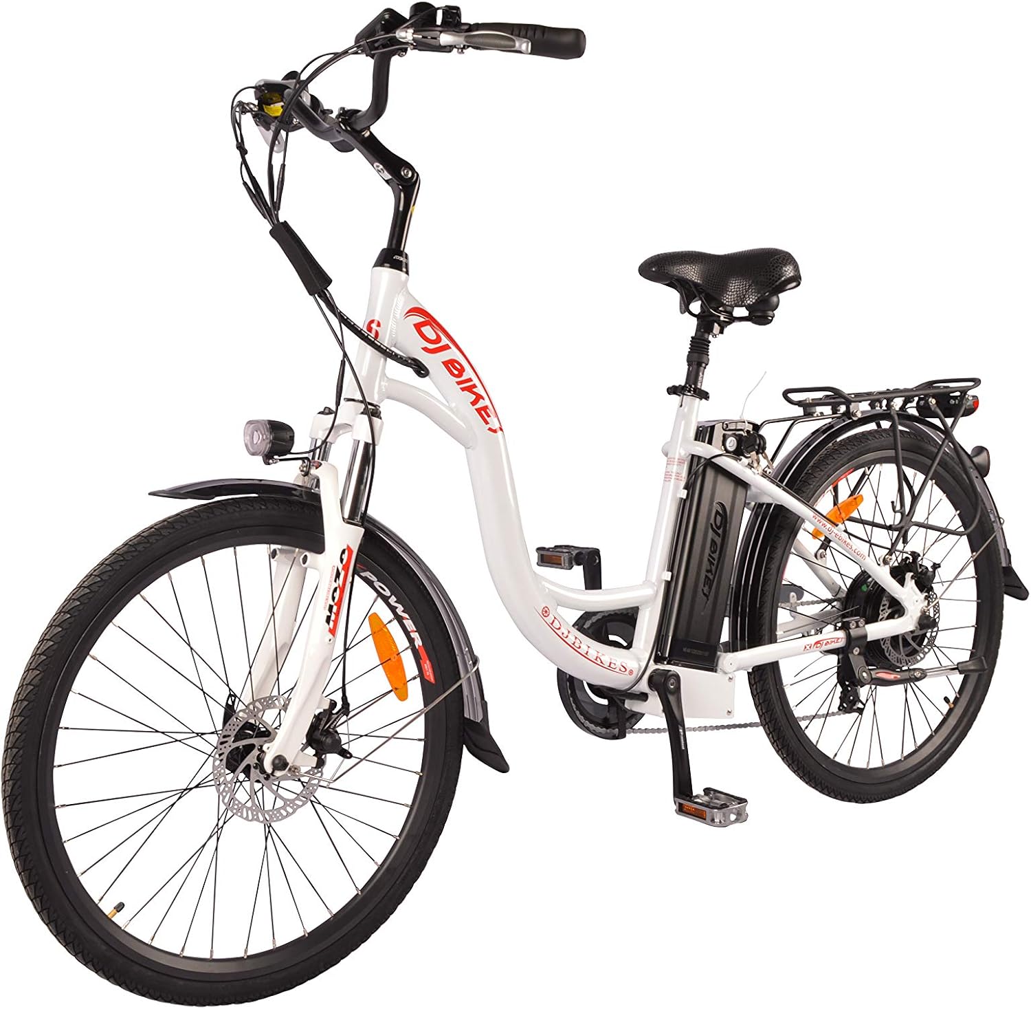 DJ City Bike 750W 48V 13Ah Step-Thru Power Electric Bicycle, Pearl White, LED Bike Light, Fork Suspension and Shimano Gear
