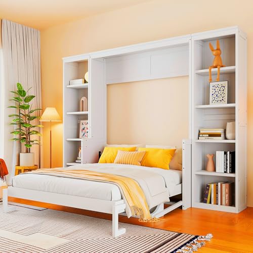 Queen Size Murphy Bed Wall Bed with Desk and Closet,Drawers and Shelves,for Small Spaces Studio Study Office Guest Room Use (Gray#Desk, Queen)