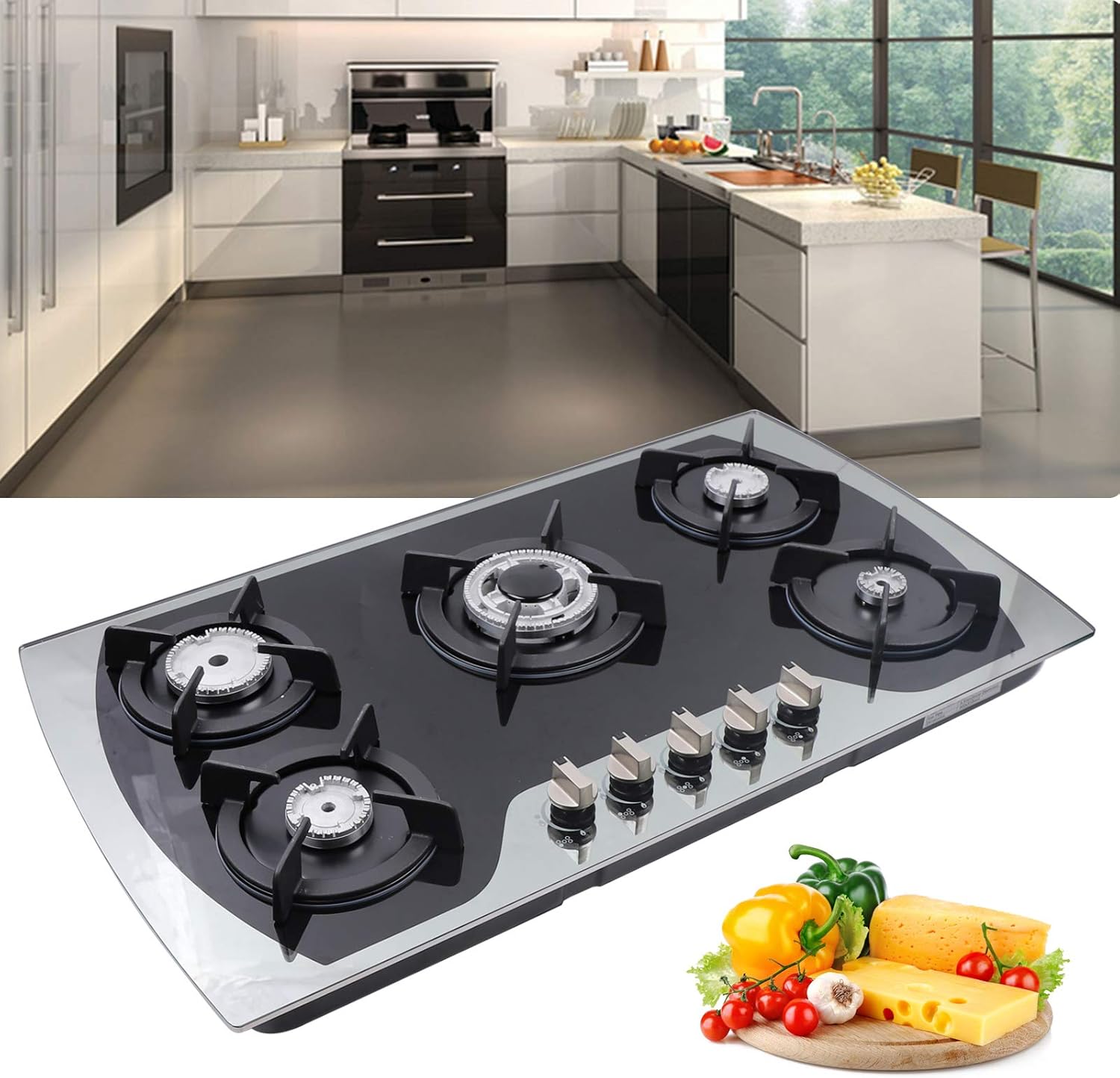 36" Gas Cooktop, Stainless Steel Built-in Gas Stove 5 Burners with Independent Switch Control, NG/LPG Convertible Gas Cooktop,Thermocouple Protection