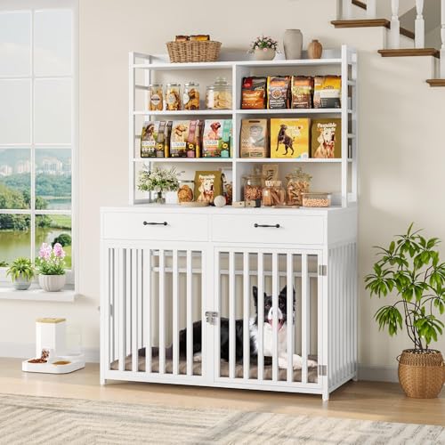 Keyluv 71''H x 47.2''W Large Dog Crate Furniture with 4-Tier Shelves and 2 Storage Drawers, Heavy Duty Dog Cage Furniture with 2 Doors