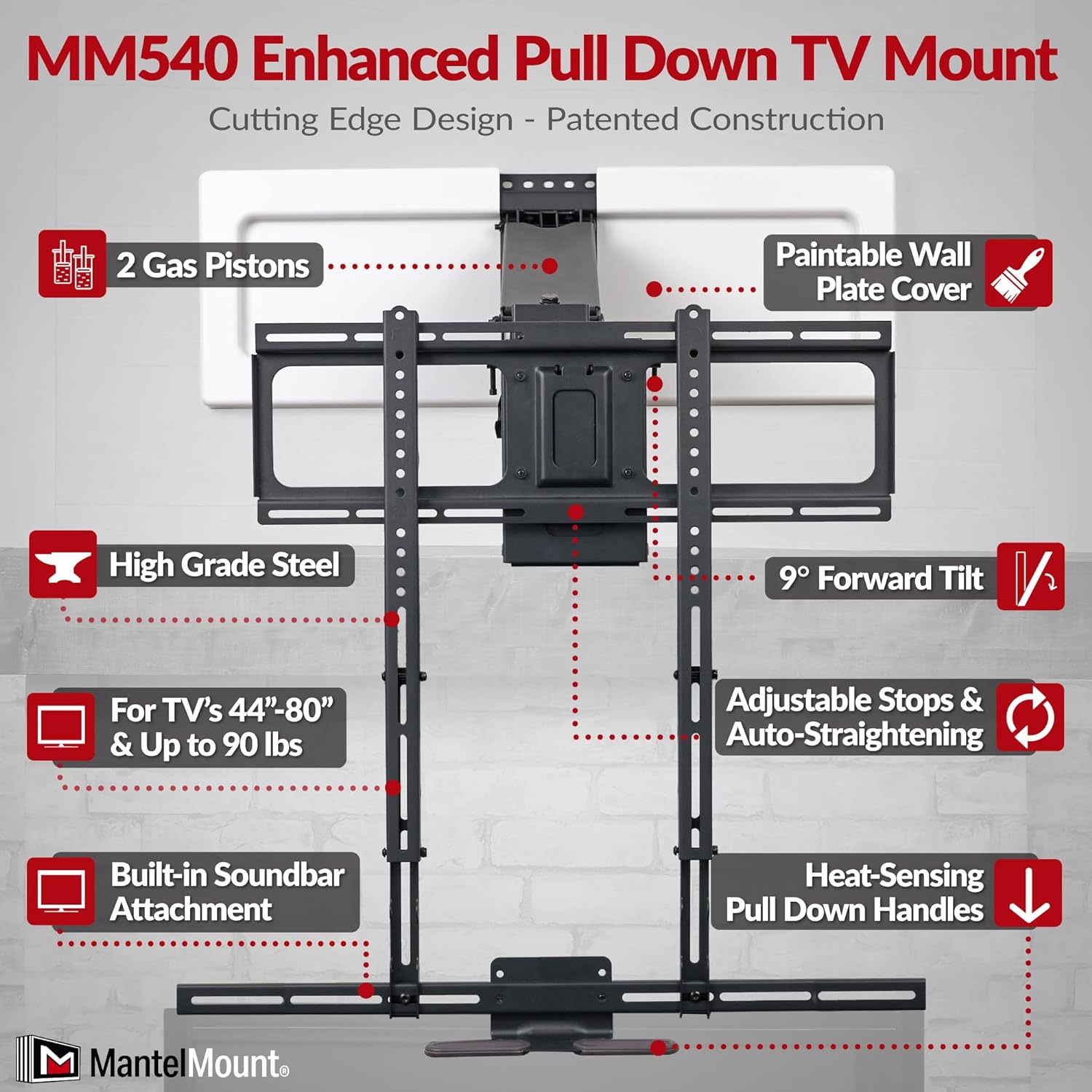 MantelMount MM540 - Above Fireplace Pull Down TV Mount for 40" to 80" Screen TVs to 90 lbs, with Patented auto-straightening, Adjustable Stops