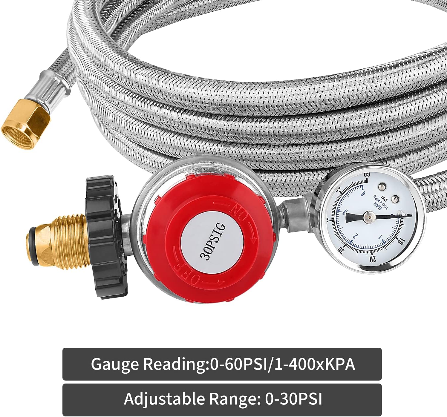 12 Foot High Pressure Adjustable Propane Regulator 0-30 PSI with Gauge 0~60PSI Gas Flow Indicator