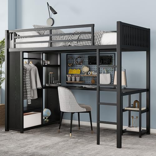 Queen Size Modern Metal Loft Bed with Wardrobe and L-Shaped Desk,Storage Cubes and Shelves,for Kids Teens Adults Bedroom Use (Black#h, Queen)