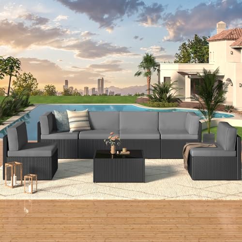 U-MAX 7 Piece Outdoor Patio Furniture Set, PE Rattan Outdoor Wicker Sectional Furniture Chair Set with Cushions and Tea Table