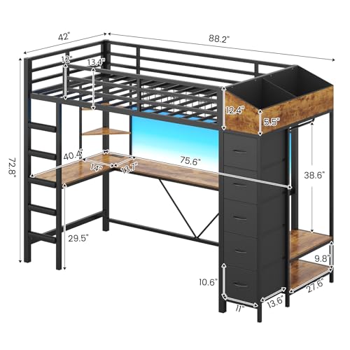 VIAGDO Loft Bed Twin Size with Hall Tree, Charging Station and LED Lights, Metal Loft Bed with L-Shaped Desk, 5 Storage Drawers