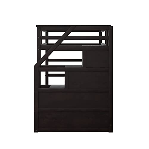 Harper & Bright Designs Twin Over Twin Bunk Bed with Trundle, Wood Bunk Bed with Storage Stairs for Kids Teens Adults (Walnut)
