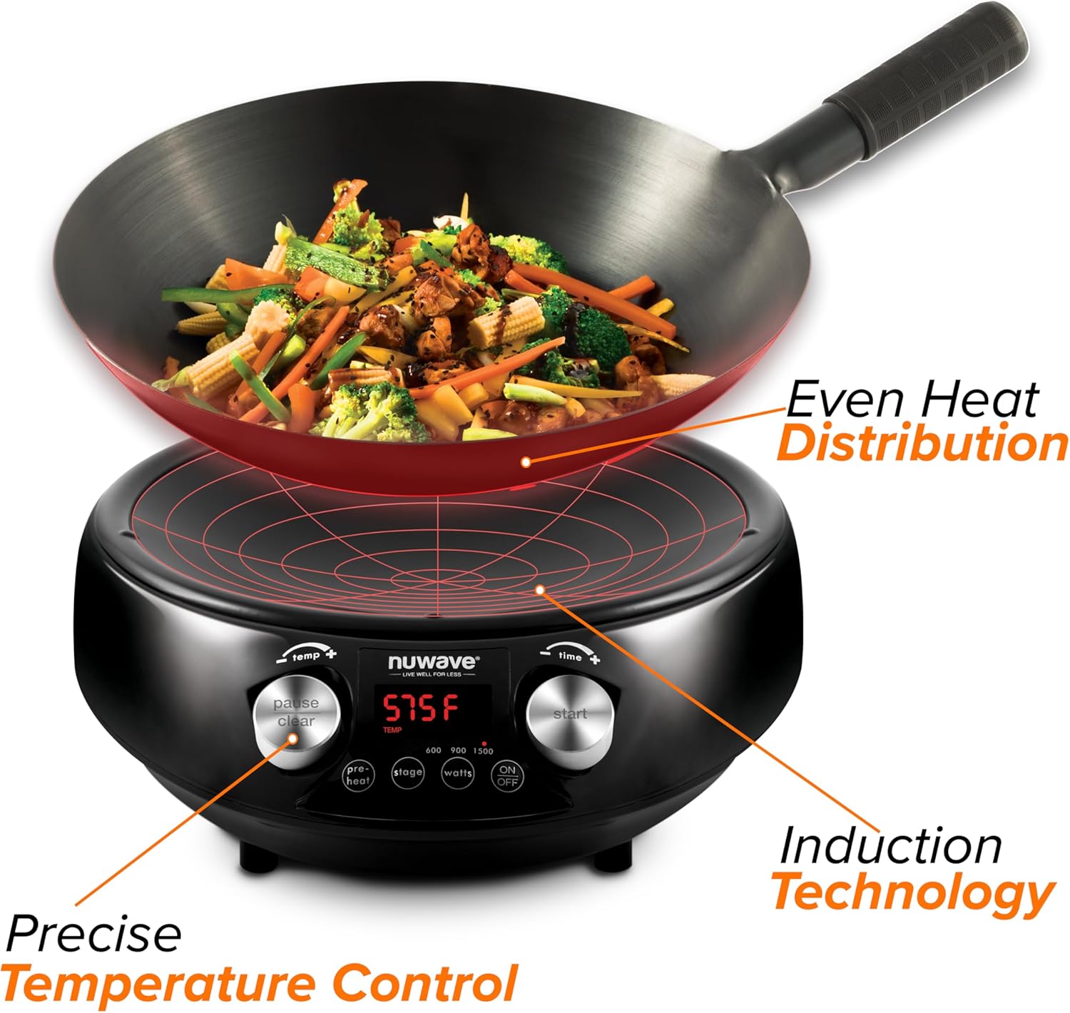 Nuwave Mosaic Induction Wok, Precise Temp Controls from 100°F to 575°F in 5°F, Wok Hei, Infuse Complex Charred Aroma & Flavor, 3 Watts 600,900 & 1500
